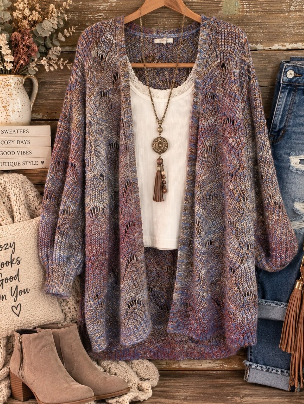 Maurices L Multicolor Marled Open Knit Long Cardigan Boho Pointelle Cozy Sweater